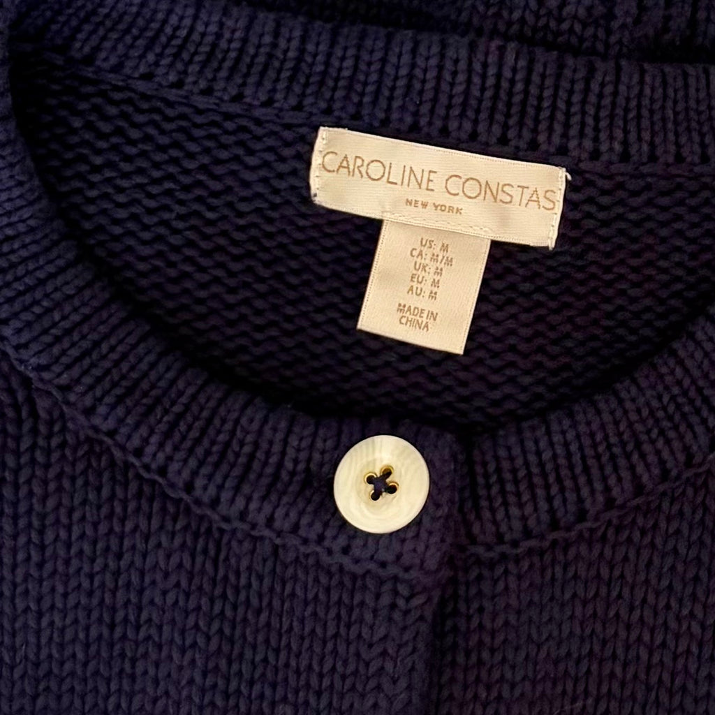 CAROLINE CONSTAS Navy Blue Cotton Cropped Cardigan Sweater Quiet Luxury Medium