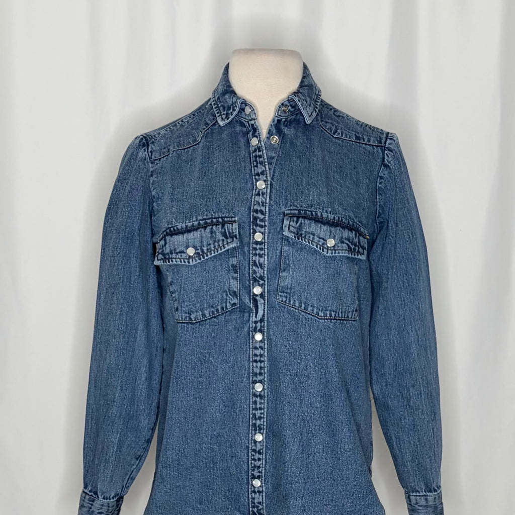 Anthropologie PILCRO Dannie Classic Denim Shirt Western Snap Puff Sleeve XXS