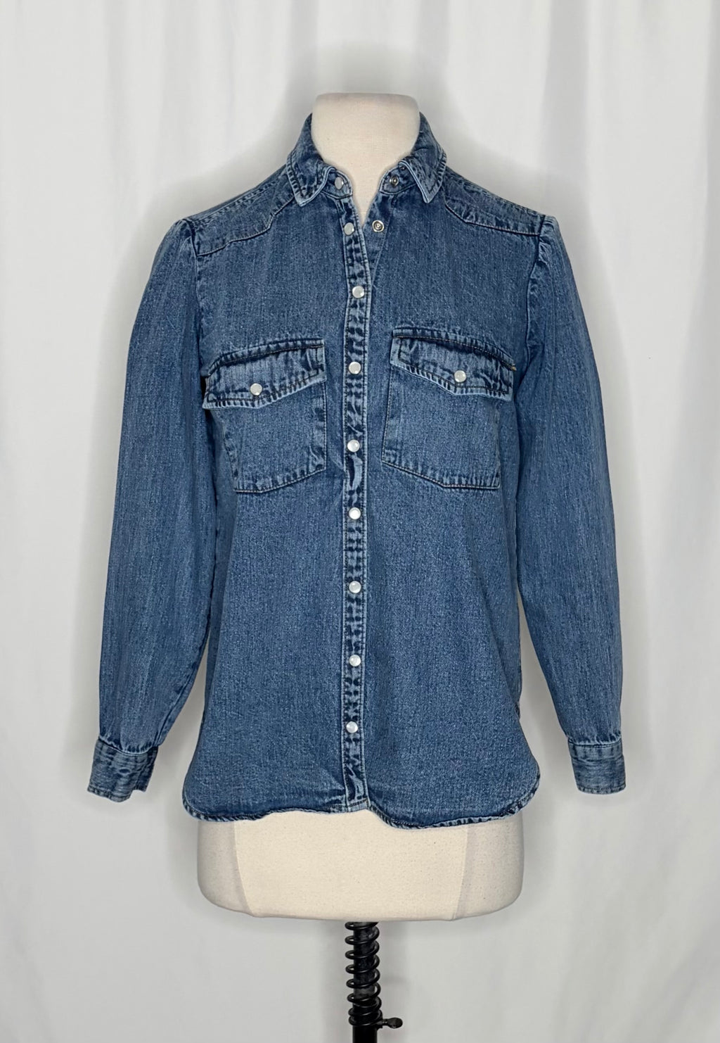 Anthropologie PILCRO Dannie Classic Denim Shirt Western Snap Puff Sleeve XXS