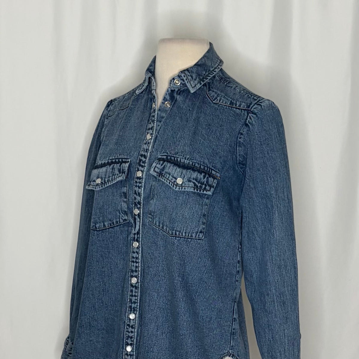 Anthropologie PILCRO Dannie Classic Denim Shirt Western Snap Puff Sleeve XXS