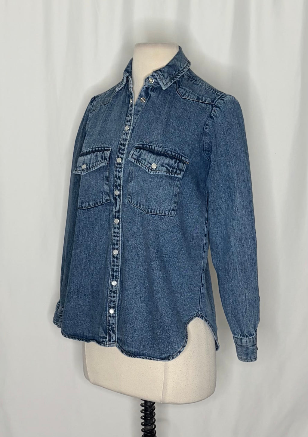 Anthropologie PILCRO Dannie Classic Denim Shirt Western Snap Puff Sleeve XXS