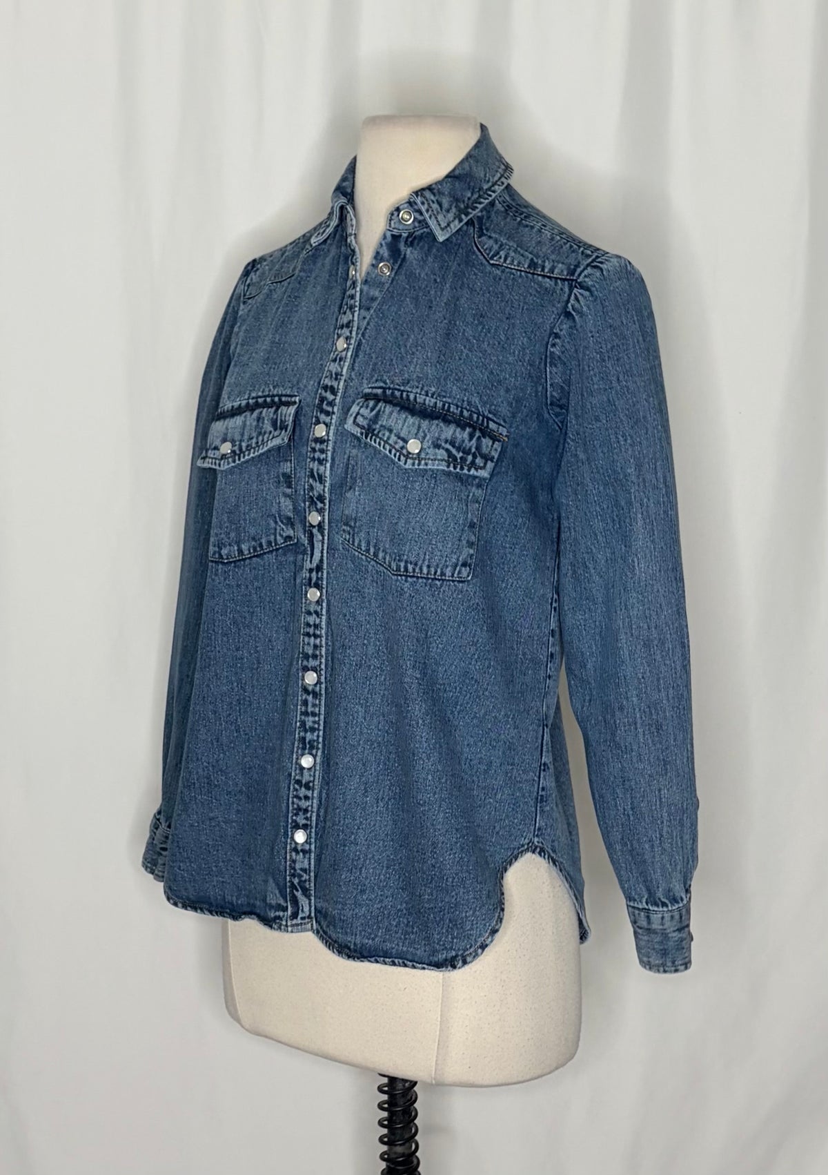 Anthropologie PILCRO Dannie Classic Denim Shirt Western Snap Puff Sleeve XXS