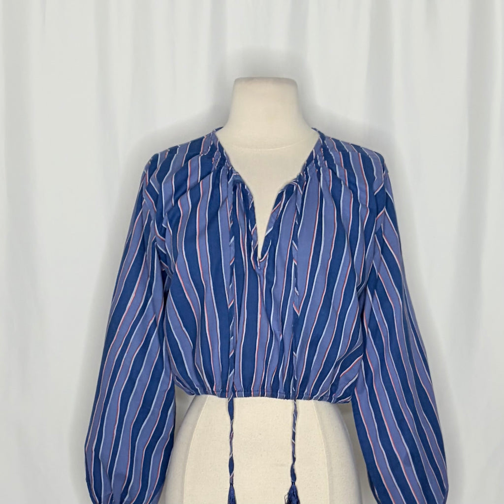 NATALIE MARTIN Amelia Top Batik Stripe Navy Cotton Tassel Tie Blouse Top Small