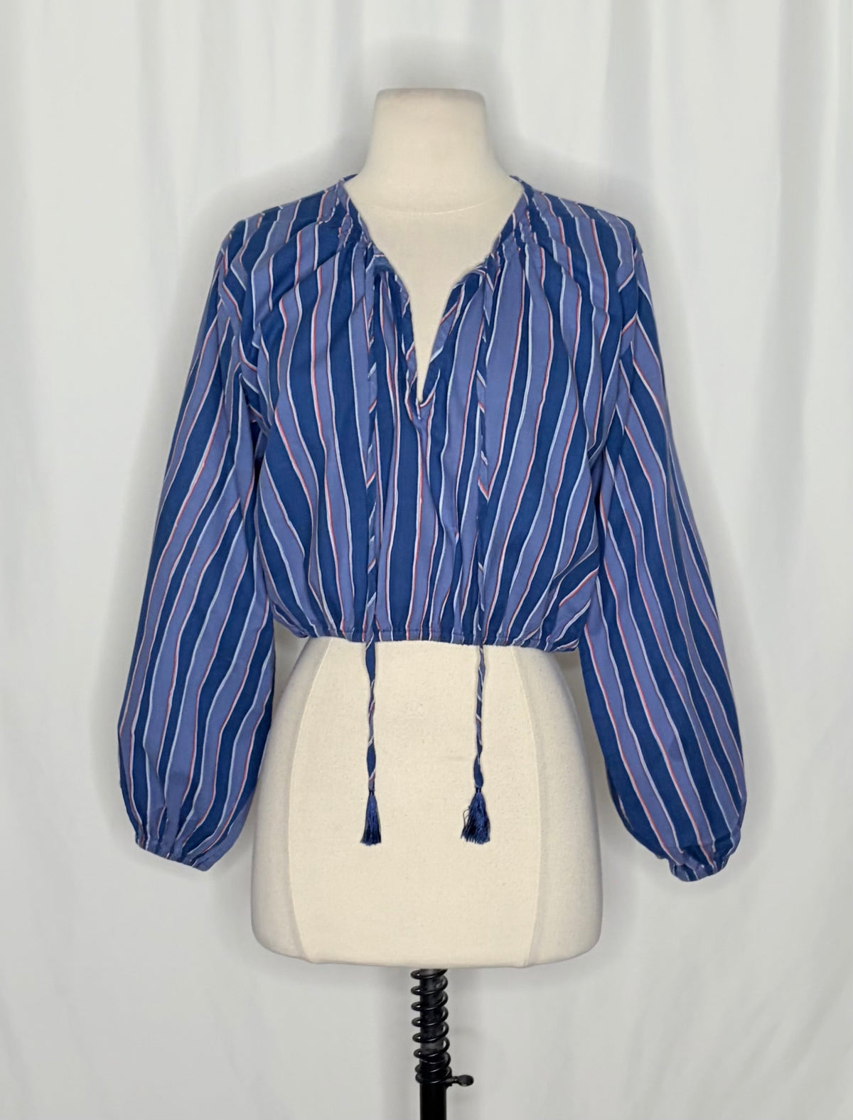 NATALIE MARTIN Amelia Top Batik Stripe Navy Cotton Tassel Tie Blouse Top Small