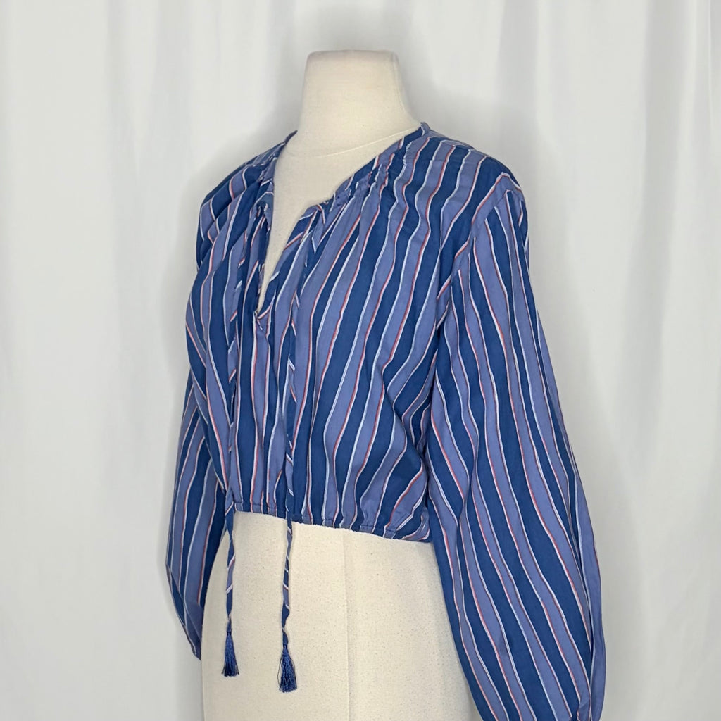 NATALIE MARTIN Amelia Top Batik Stripe Navy Cotton Tassel Tie Blouse Top Small