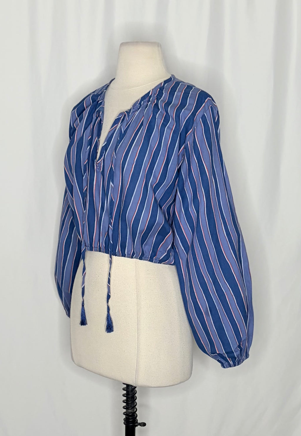 NATALIE MARTIN Amelia Top Batik Stripe Navy Cotton Tassel Tie Blouse Top Small