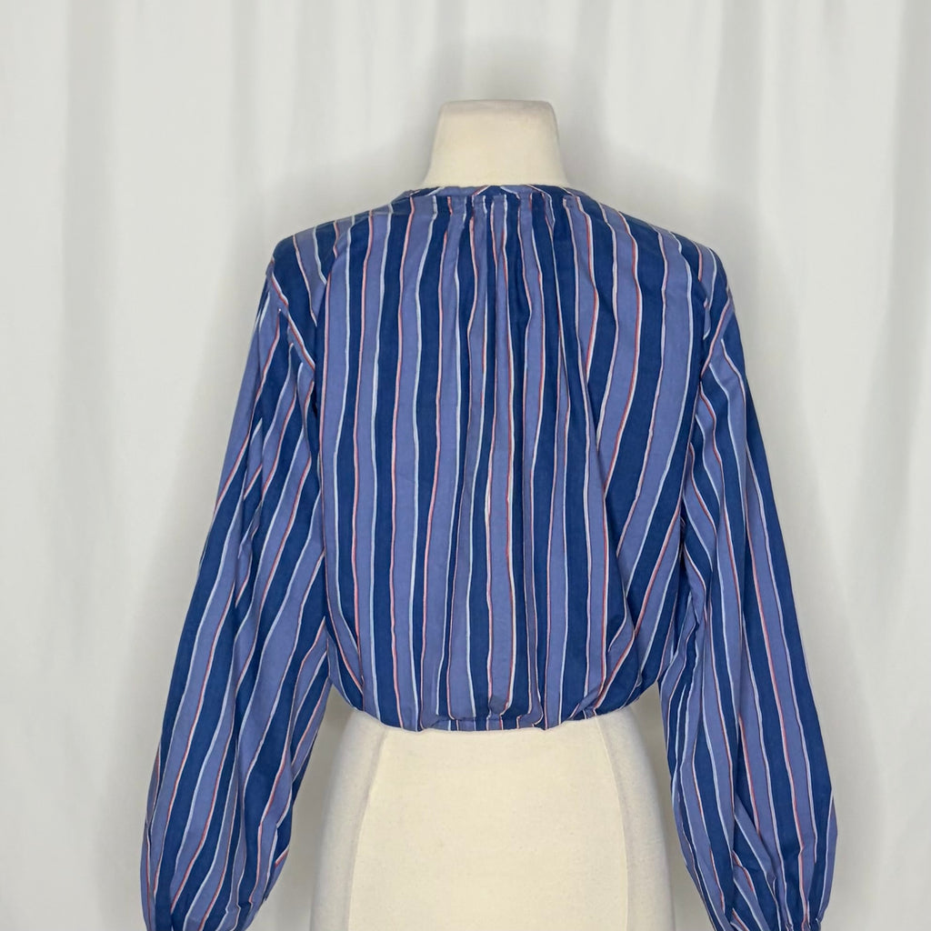 NATALIE MARTIN Amelia Top Batik Stripe Navy Cotton Tassel Tie Blouse Top Small