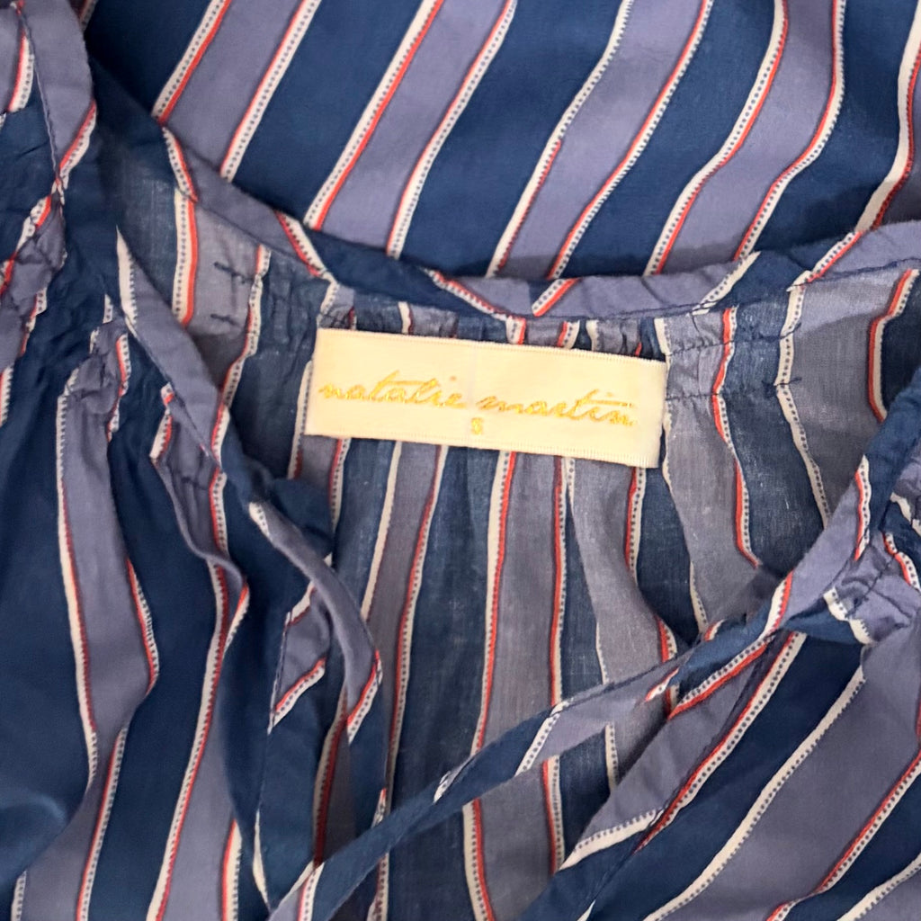 NATALIE MARTIN Amelia Top Batik Stripe Navy Cotton Tassel Tie Blouse Top Small