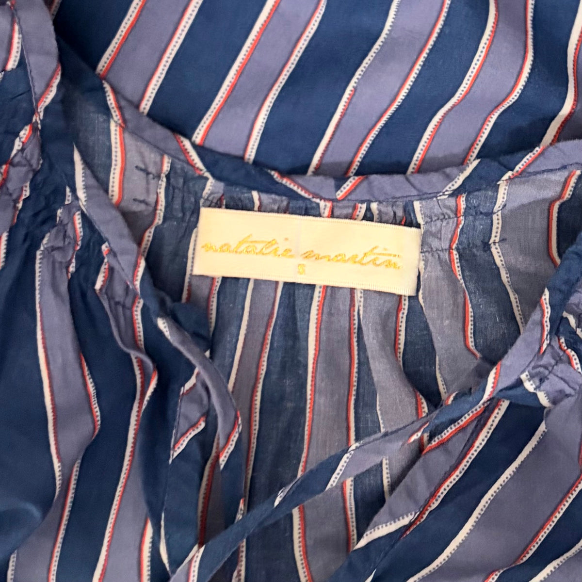 NATALIE MARTIN Amelia Top Batik Stripe Navy Cotton Tassel Tie Blouse Top Small