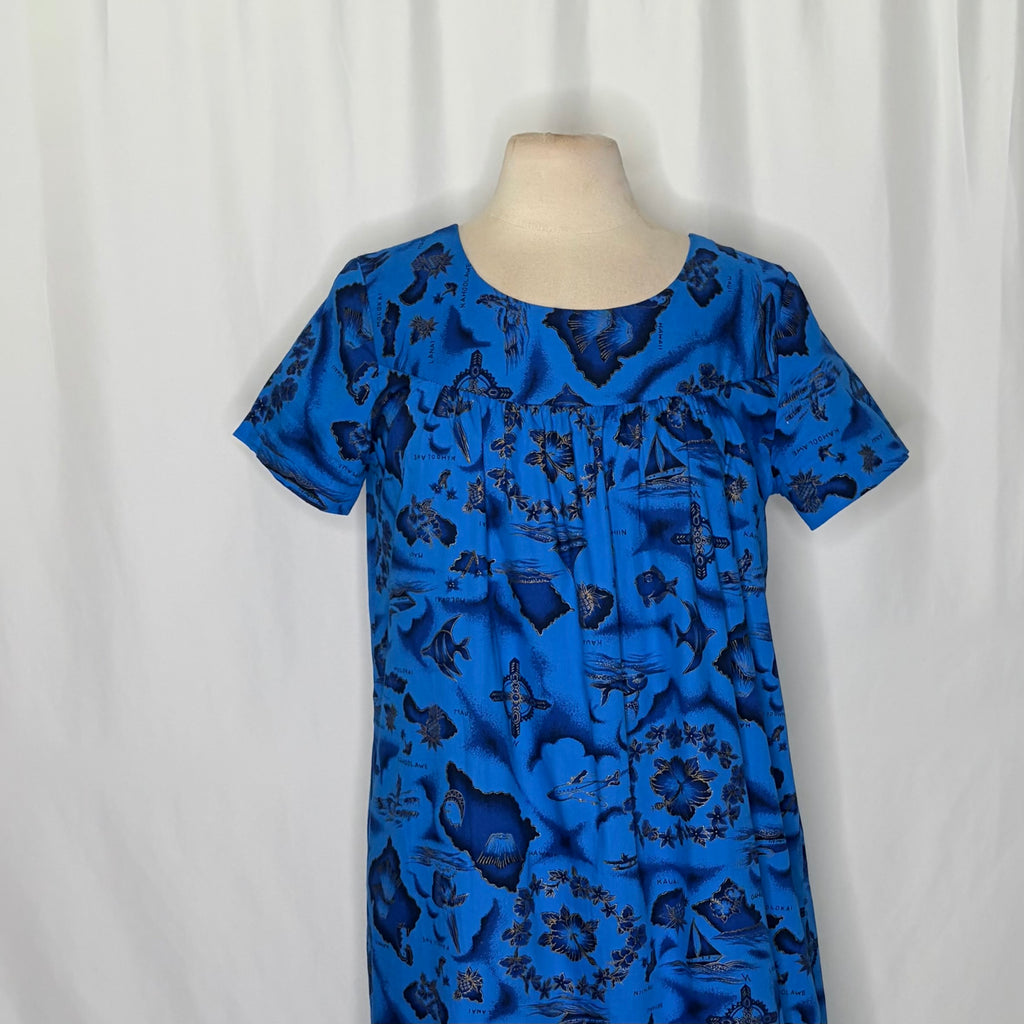 Vintage 1960s UI-MAIKAI Hawaiian Map Print Muumuu Dress Blue Cotton Size 12