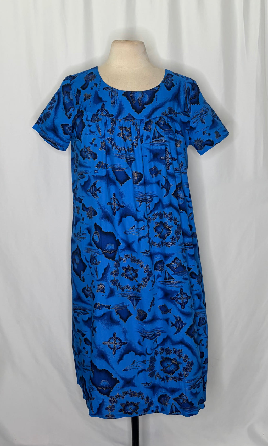 Vintage 1960s UI-MAIKAI Hawaiian Map Print Muumuu Dress Blue Cotton Size 12