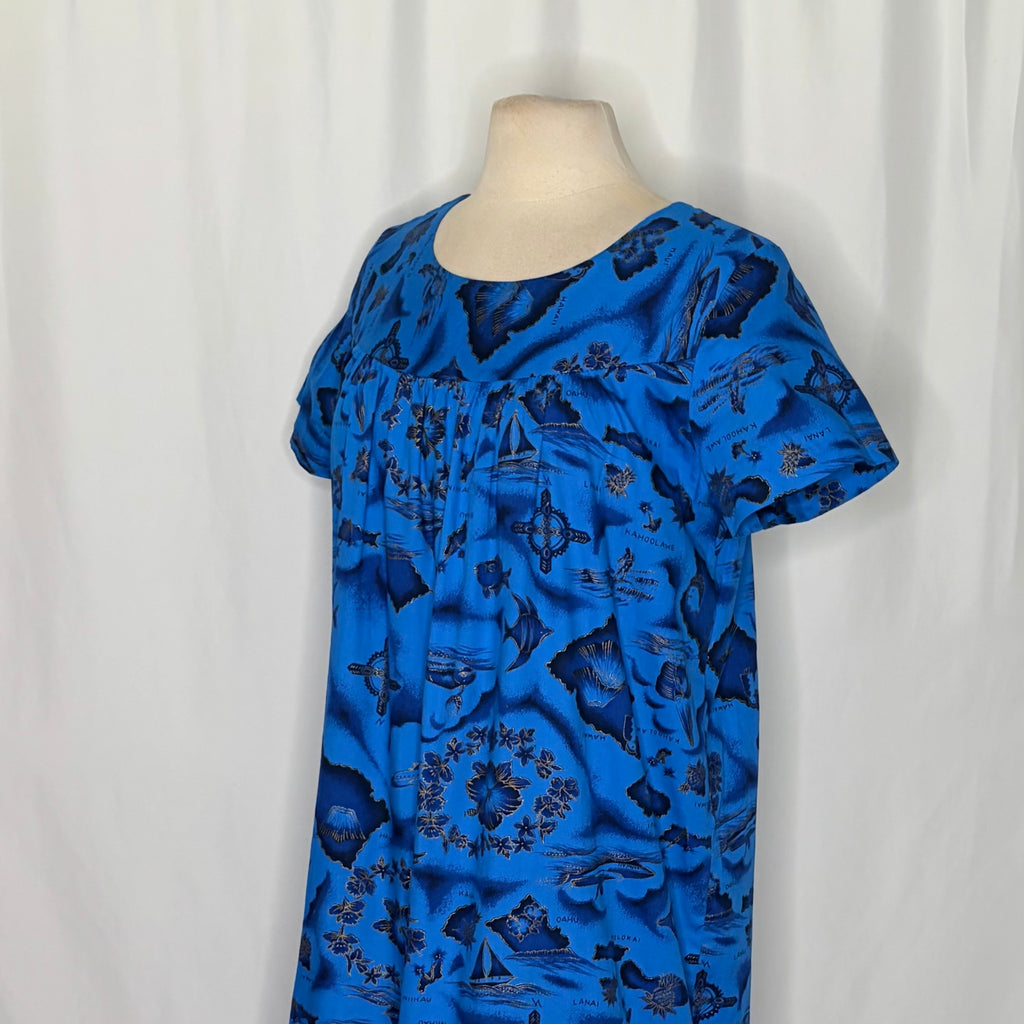 Vintage 1960s UI-MAIKAI Hawaiian Map Print Muumuu Dress Blue Cotton Size 12