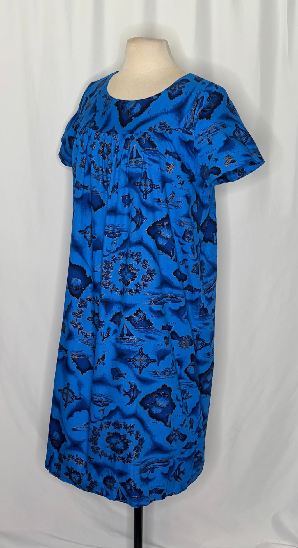 Vintage 1960s UI-MAIKAI Hawaiian Map Print Muumuu Dress Blue Cotton Size 12