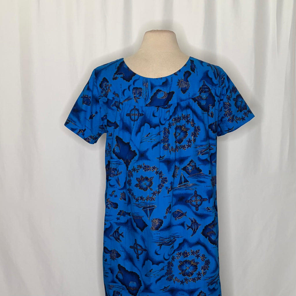 Vintage 1960s UI-MAIKAI Hawaiian Map Print Muumuu Dress Blue Cotton Size 12