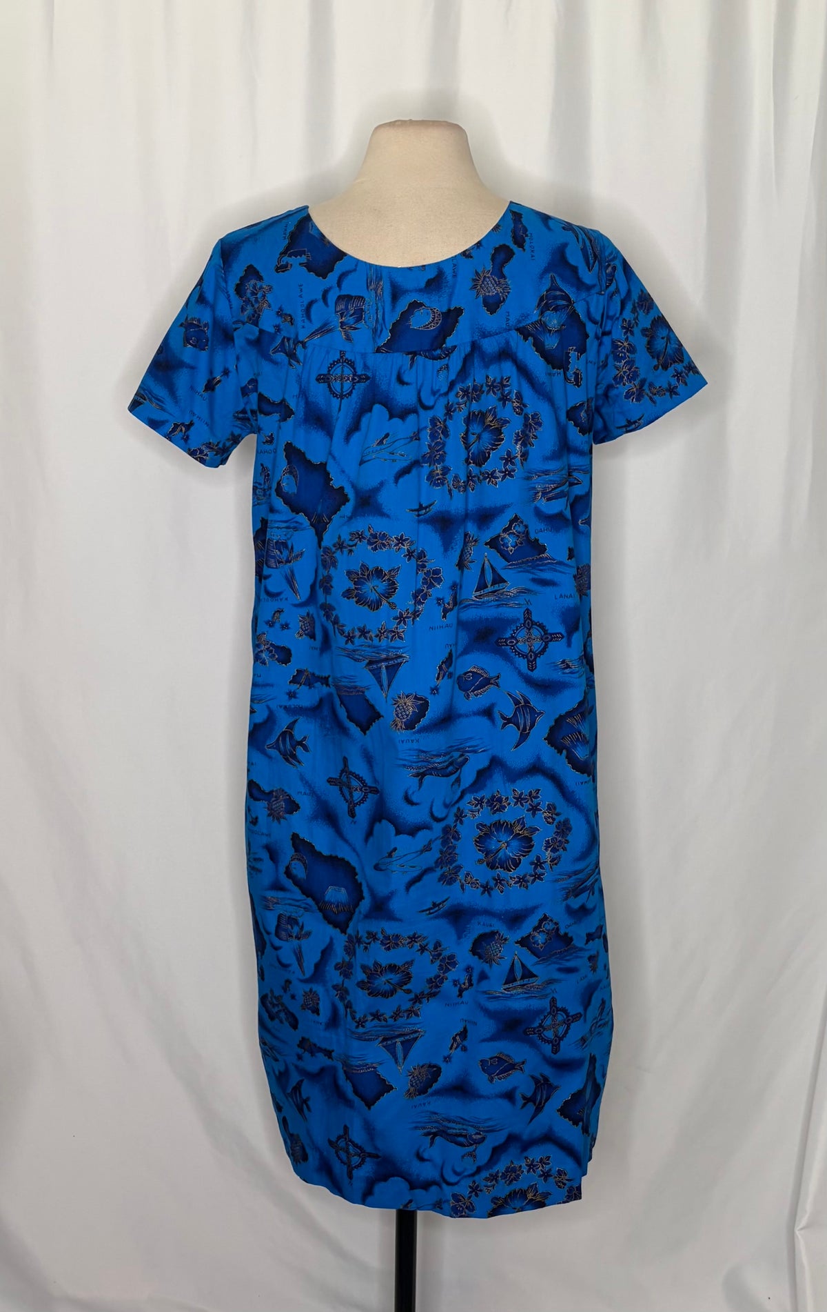 Vintage 1960s UI-MAIKAI Hawaiian Map Print Muumuu Dress Blue Cotton Size 12