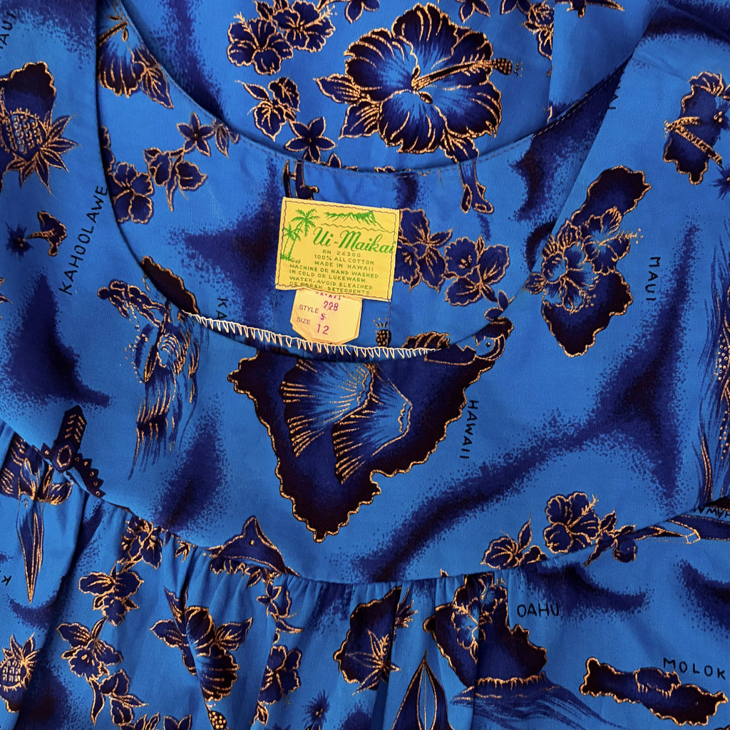 Vintage 1960s UI-MAIKAI Hawaiian Map Print Muumuu Dress Blue Cotton Size 12