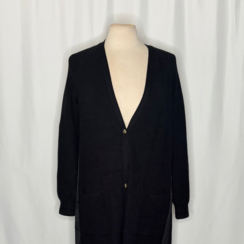 ANTHROPOLOGIE Long Twofer Cardigan Sweater Black Pleated Duster Solid Medium