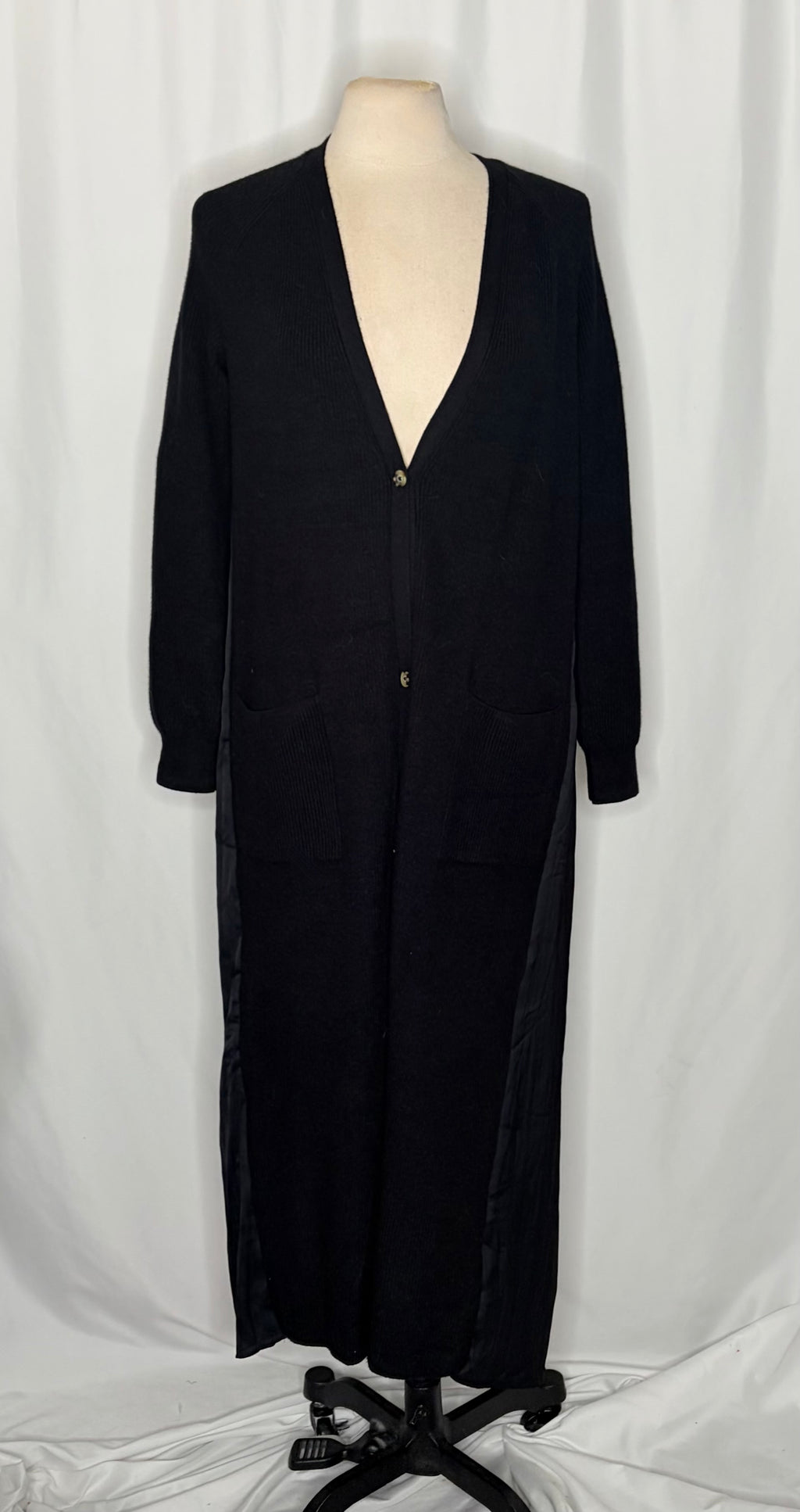 ANTHROPOLOGIE Long Twofer Cardigan Sweater Black Pleated Duster Solid Medium