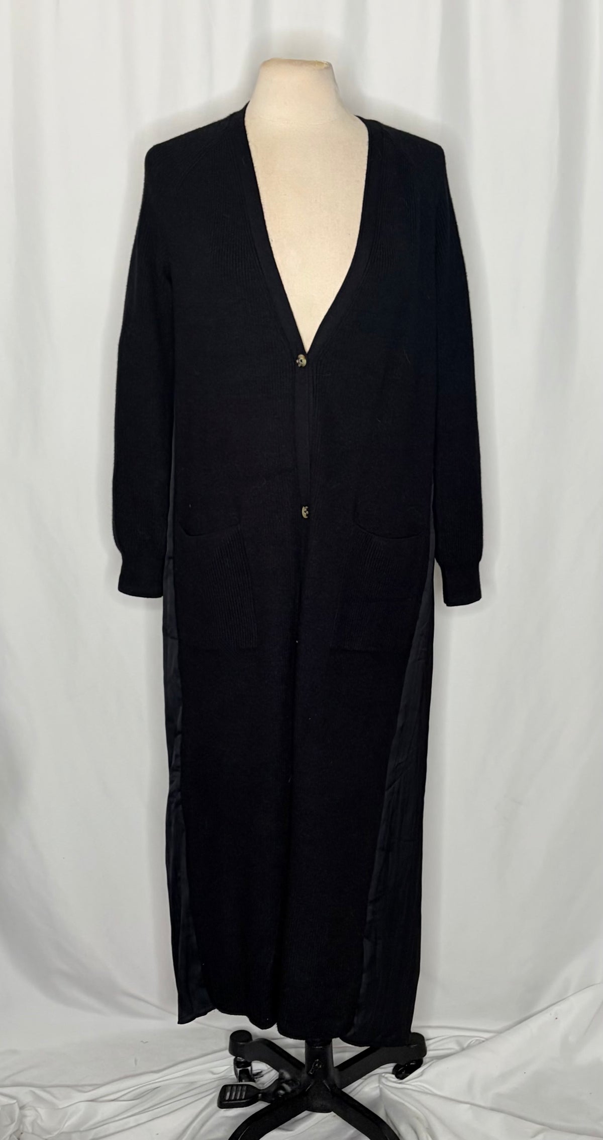 ANTHROPOLOGIE Long Twofer Cardigan Sweater Black Pleated Duster Solid Medium