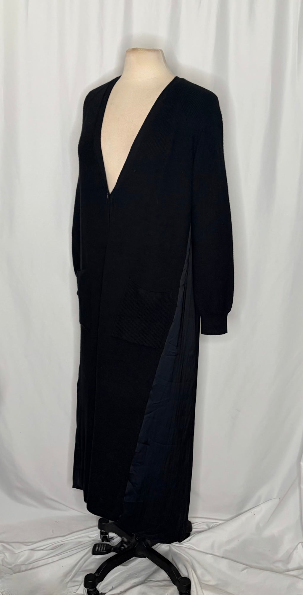 ANTHROPOLOGIE Long Twofer Cardigan Sweater Black Pleated Duster Solid Medium