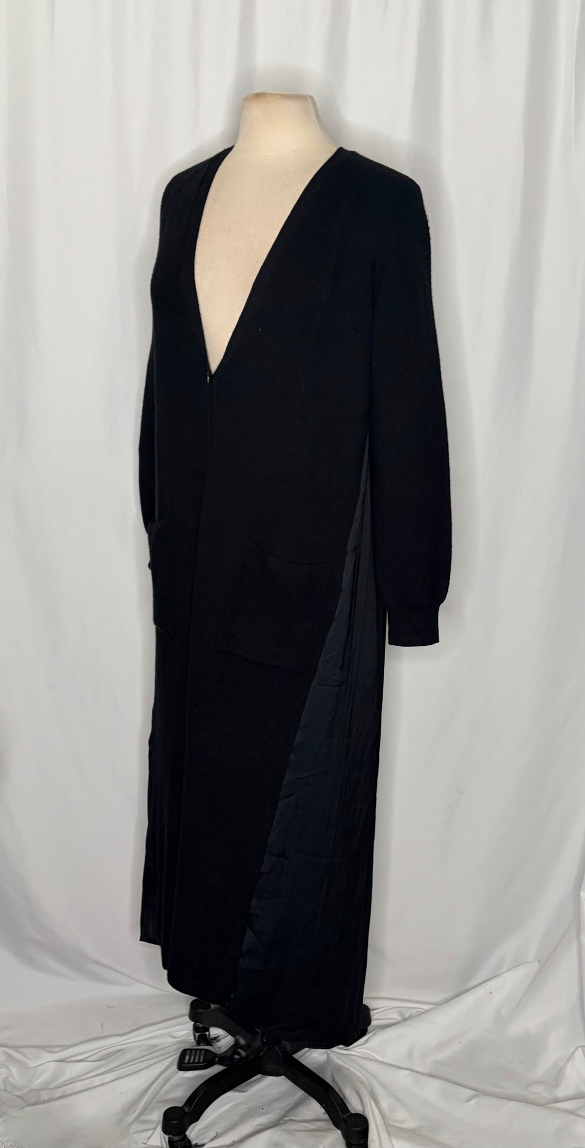 ANTHROPOLOGIE Long Twofer Cardigan Sweater Black Pleated Duster Solid Medium