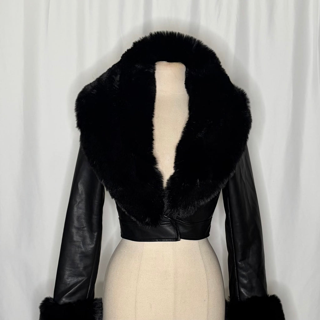AZALEA WANG Gisele Faux Fur Trim Faux Leather Crop Jacket Black Cropped Medium