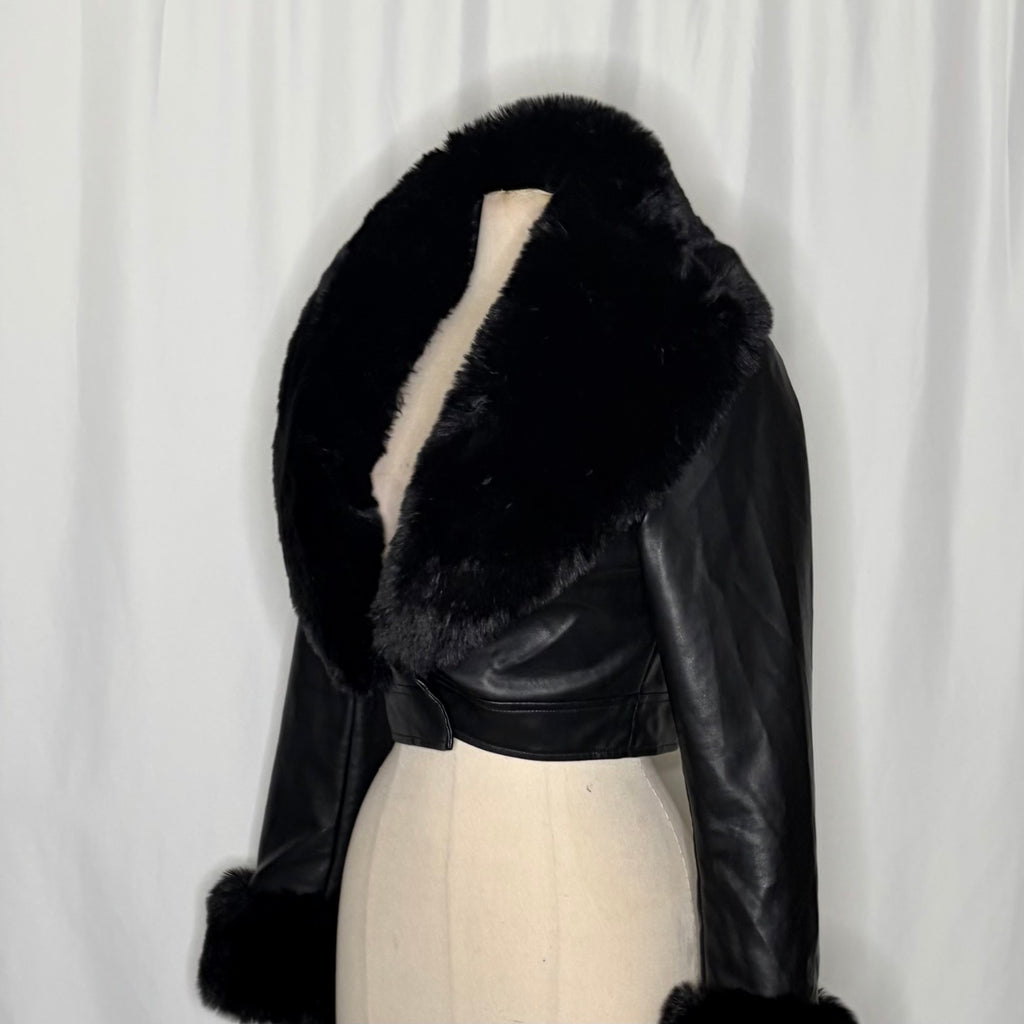 AZALEA WANG Gisele Faux Fur Trim Faux Leather Crop Jacket Black Cropped Medium