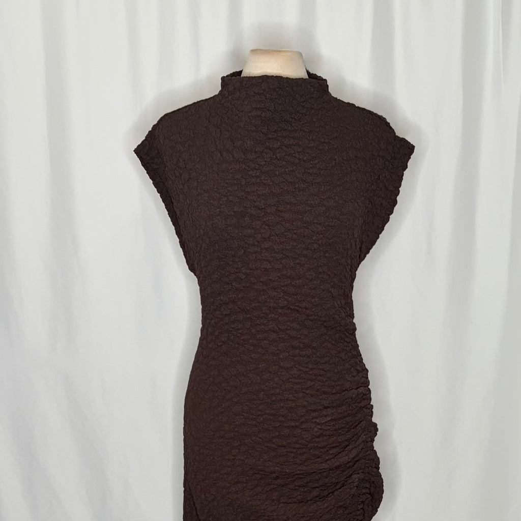 NWT!! ANTHROPOLOGIE Maya Ruched Cowl Neck Textured Midi Dress Chocolate Large