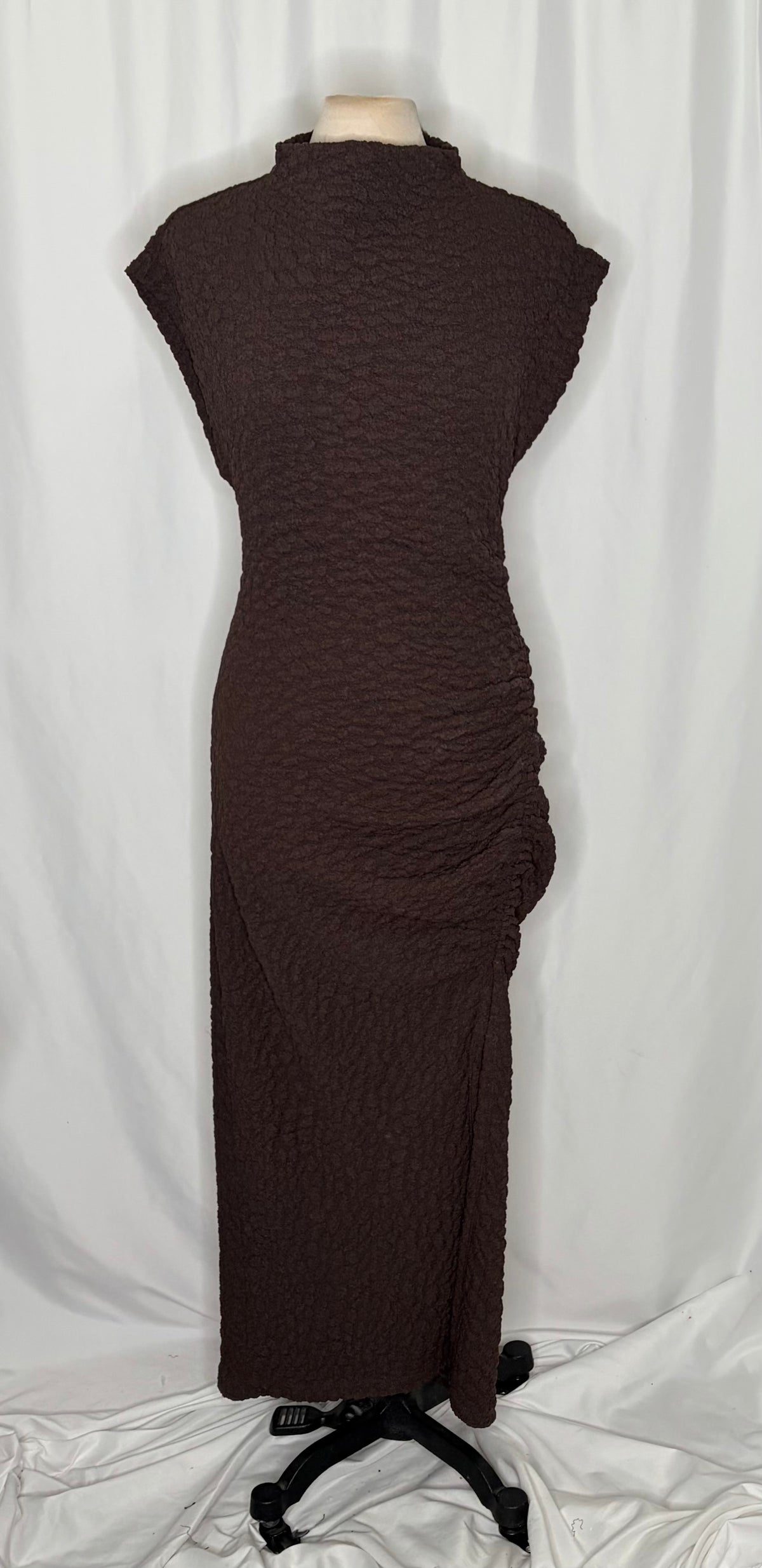 NWT!! ANTHROPOLOGIE Maya Ruched Cowl Neck Textured Midi Dress Chocolate Large
