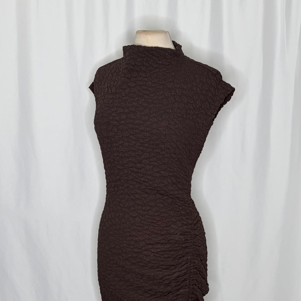 NWT!! ANTHROPOLOGIE Maya Ruched Cowl Neck Textured Midi Dress Chocolate Large