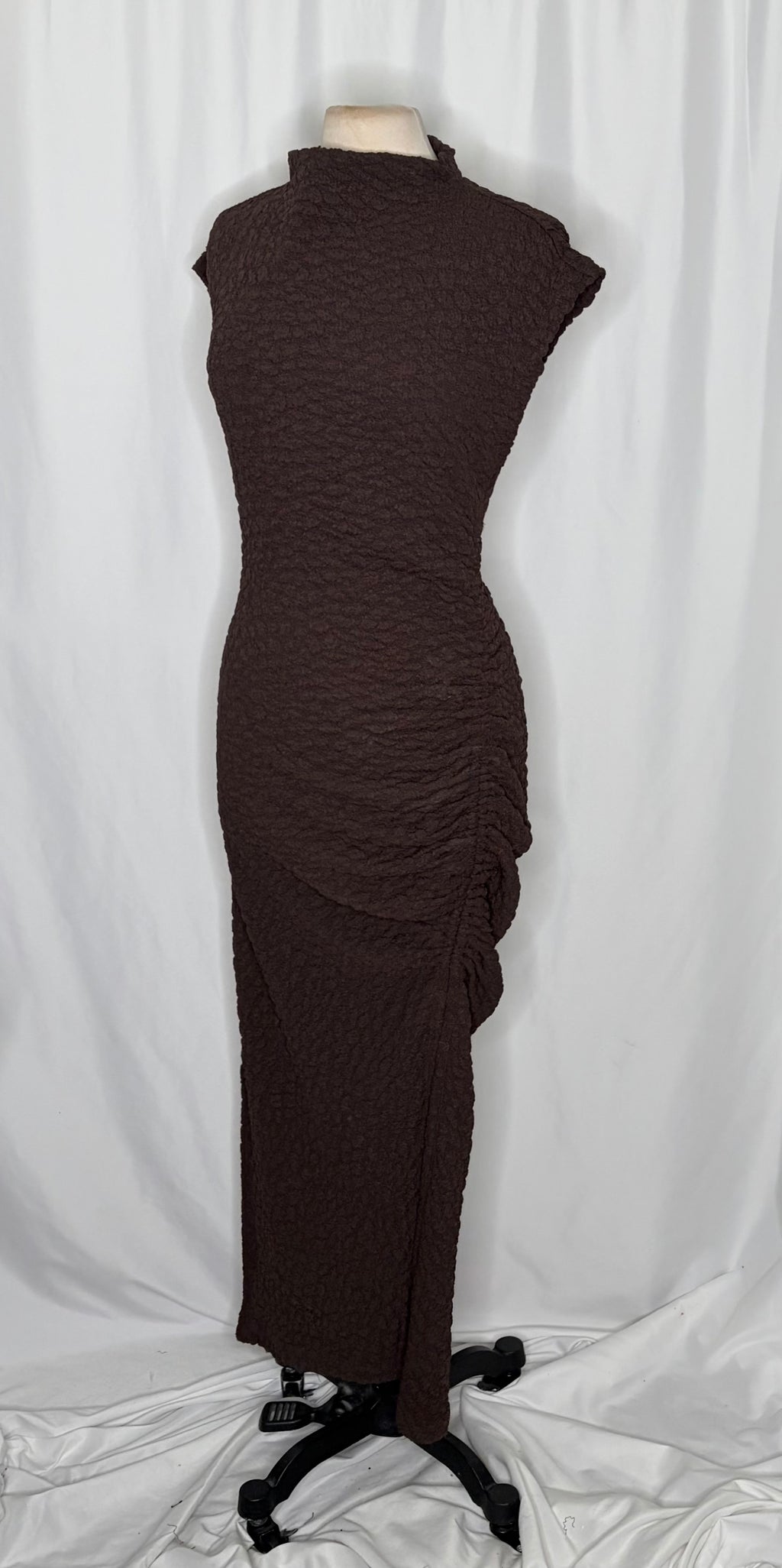 NWT!! ANTHROPOLOGIE Maya Ruched Cowl Neck Textured Midi Dress Chocolate Large
