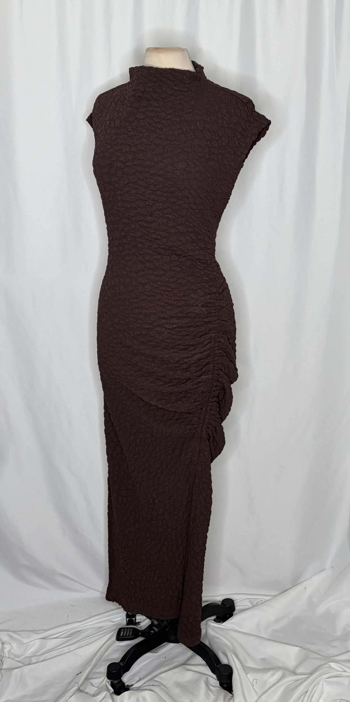 NWT!! ANTHROPOLOGIE Maya Ruched Cowl Neck Textured Midi Dress Chocolate Large