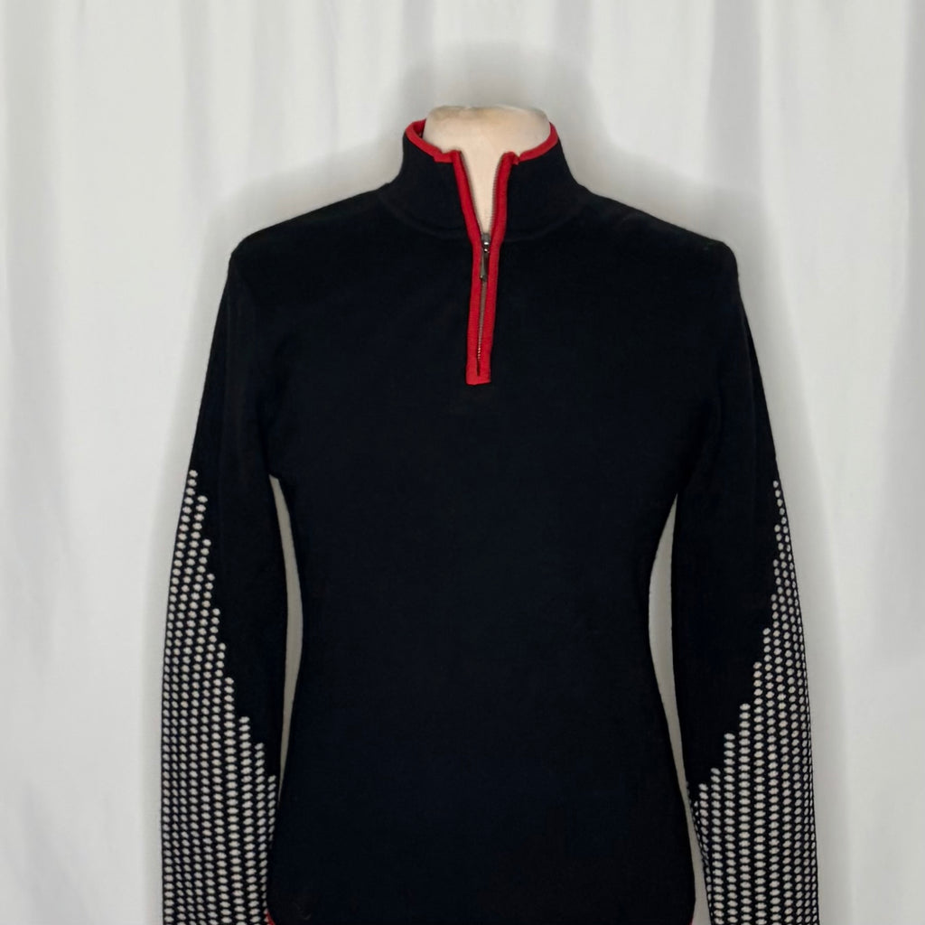 NEVE 100% Wool Quarter Zip Ski Sweater Black Red Nordic Après Size Medium