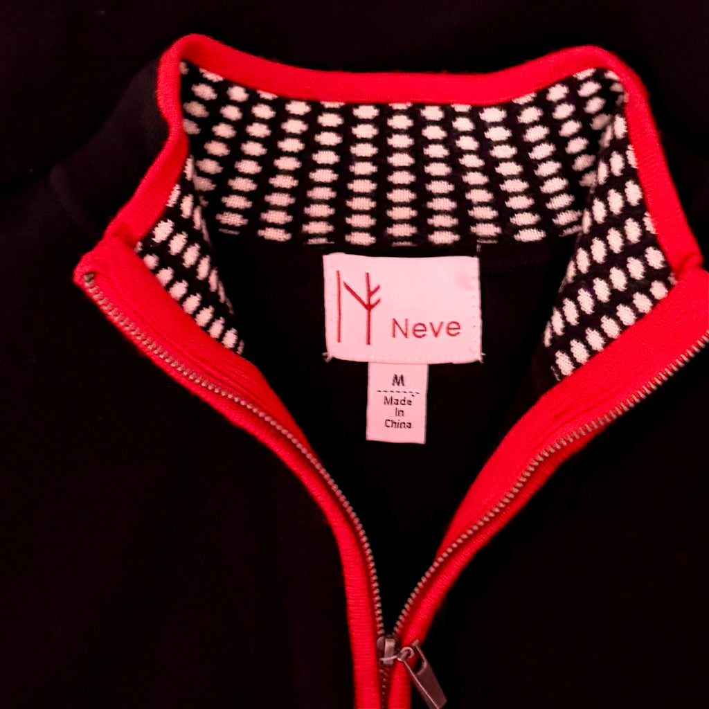 NEVE 100% Wool Quarter Zip Ski Sweater Black Red Nordic Après Size Medium