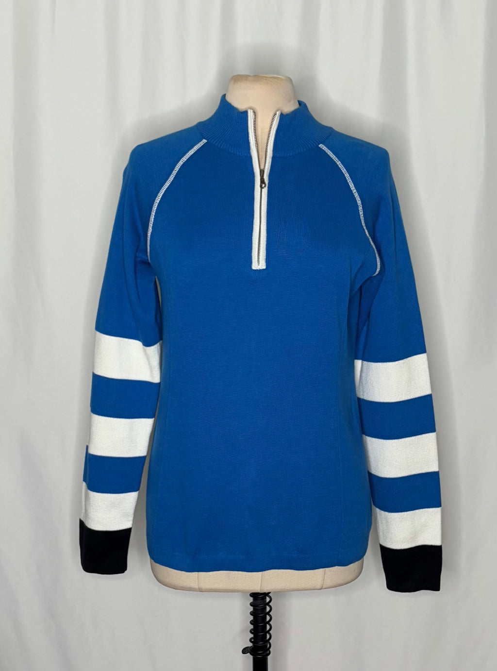 NEVE Quarter Zip Ski Sweater Blue White Striped Black Cuffs 100% Cotton X-Large
