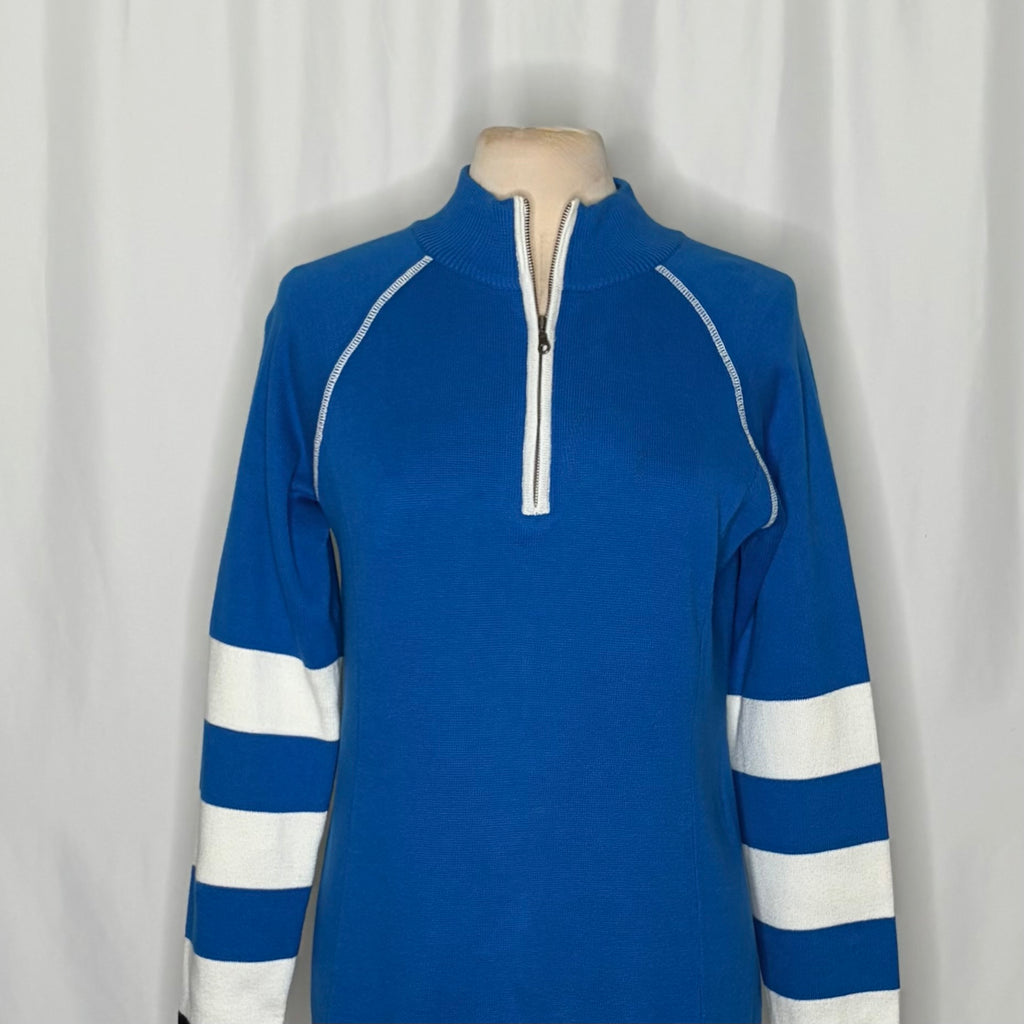 NEVE Quarter Zip Ski Sweater Blue White Striped Black Cuffs 100% Cotton X-Large