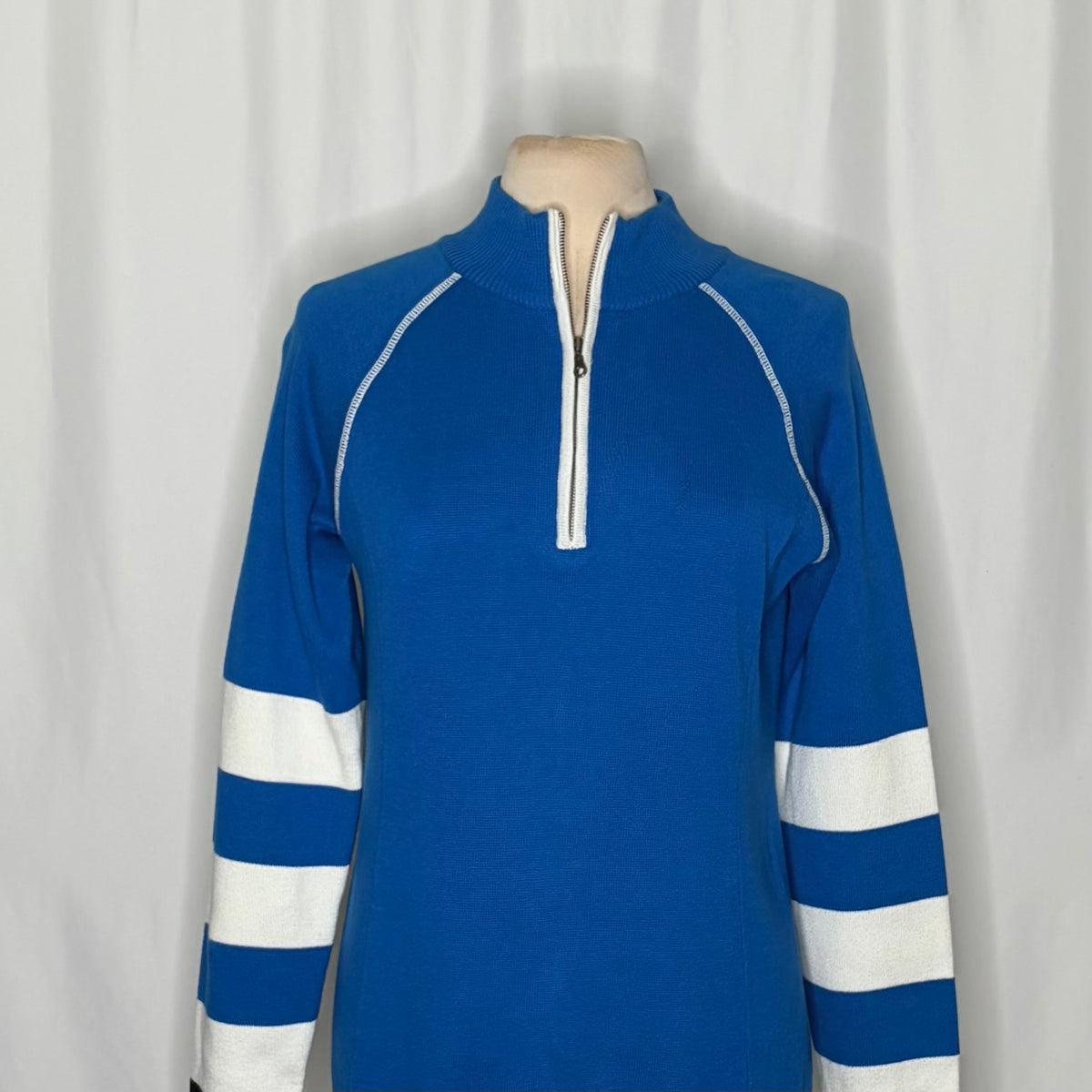 NEVE Quarter Zip Ski Sweater Blue White Striped Black Cuffs 100% Cotton X-Large