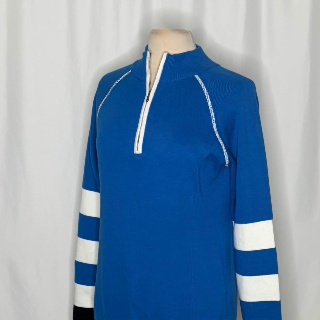 NEVE Quarter Zip Ski Sweater Blue White Striped Black Cuffs 100% Cotton X-Large