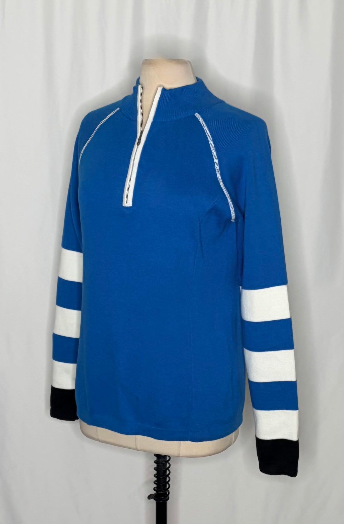NEVE Quarter Zip Ski Sweater Blue White Striped Black Cuffs 100% Cotton X-Large
