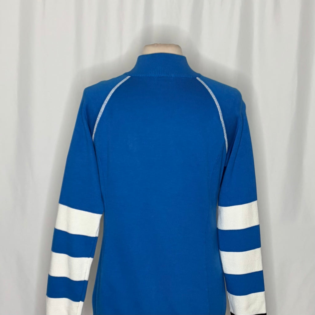 NEVE Quarter Zip Ski Sweater Blue White Striped Black Cuffs 100% Cotton X-Large