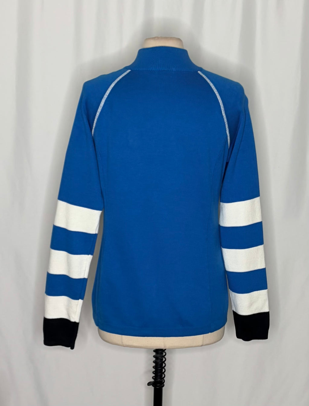 NEVE Quarter Zip Ski Sweater Blue White Striped Black Cuffs 100% Cotton X-Large