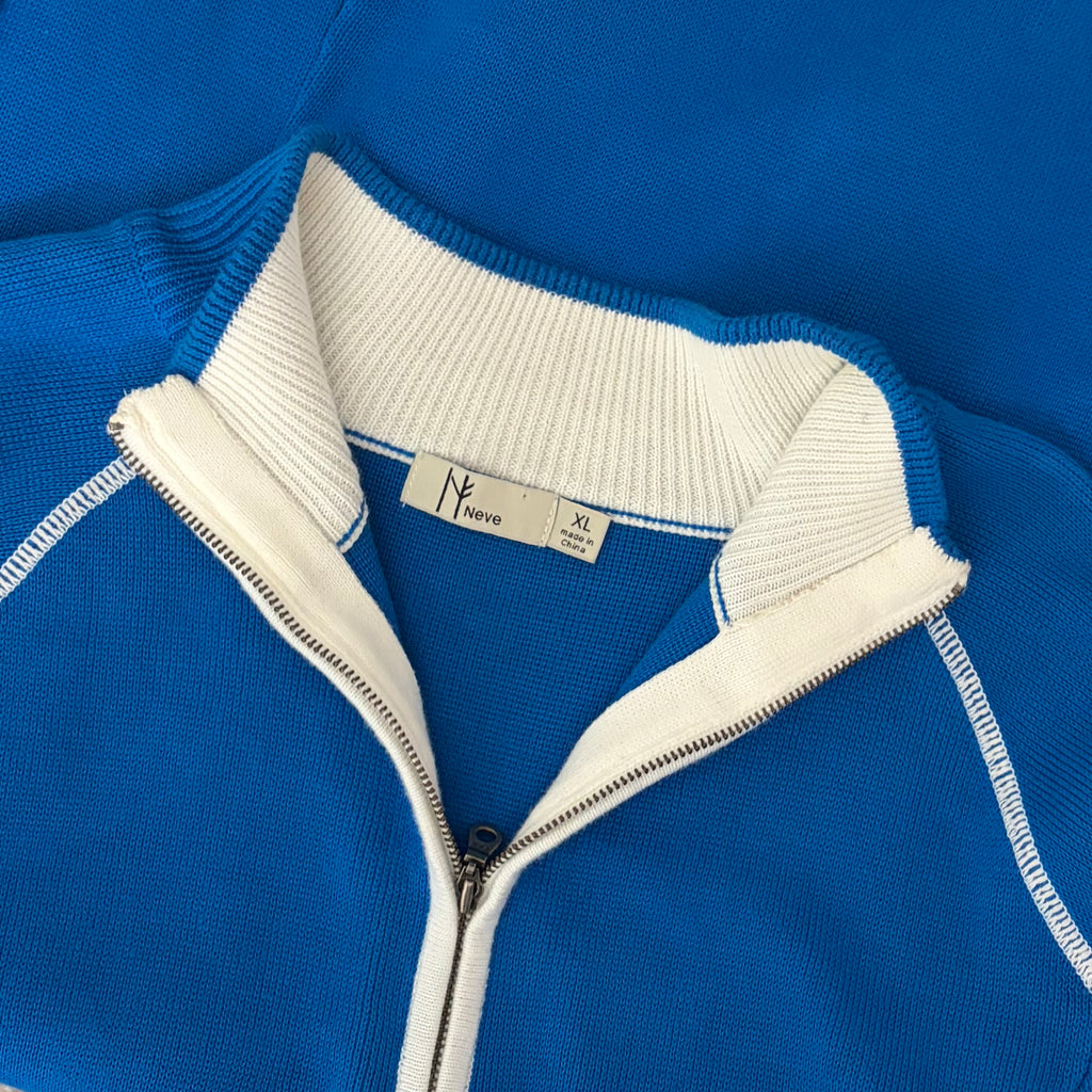 NEVE Quarter Zip Ski Sweater Blue White Striped Black Cuffs 100% Cotton X-Large