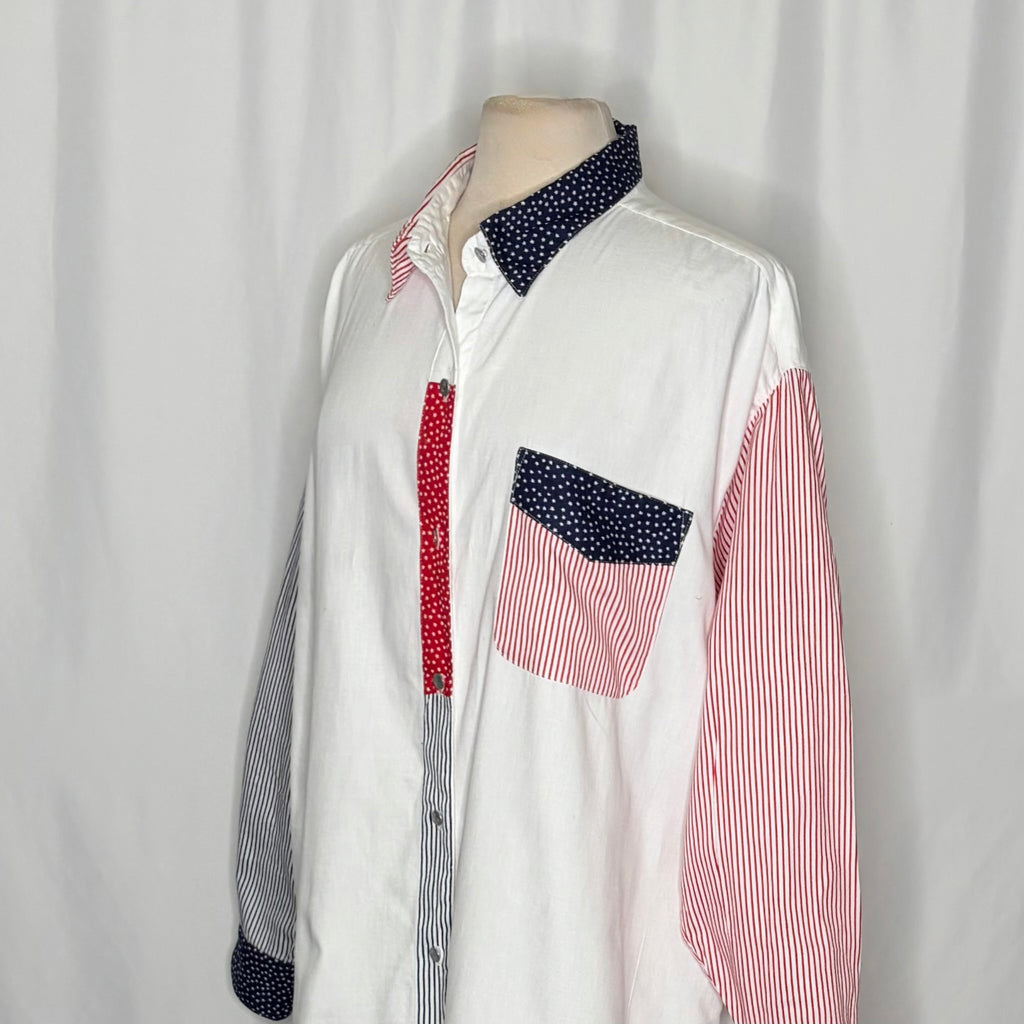 NWT!! Vintage BILL BLASS Woman Stars Stripes Patchwork Button Down Shirt  2X