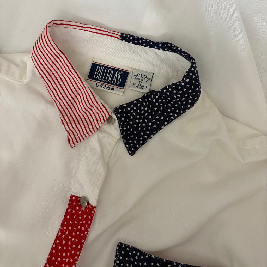 NWT!! Vintage BILL BLASS Woman Stars Stripes Patchwork Button Down Shirt  2X