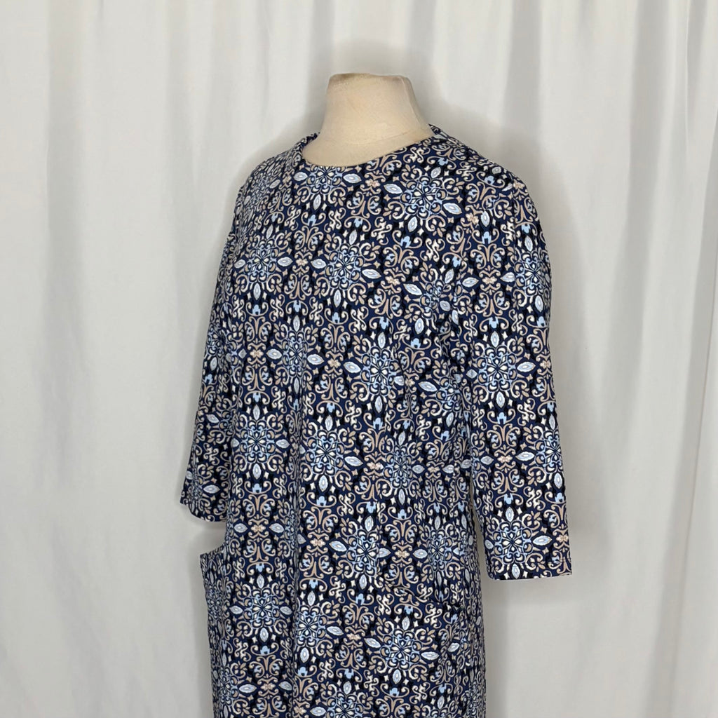J. MCLAUGHLIN Catalyst Dress Blue White Mosaic Print Stretch Knit Pockets XL