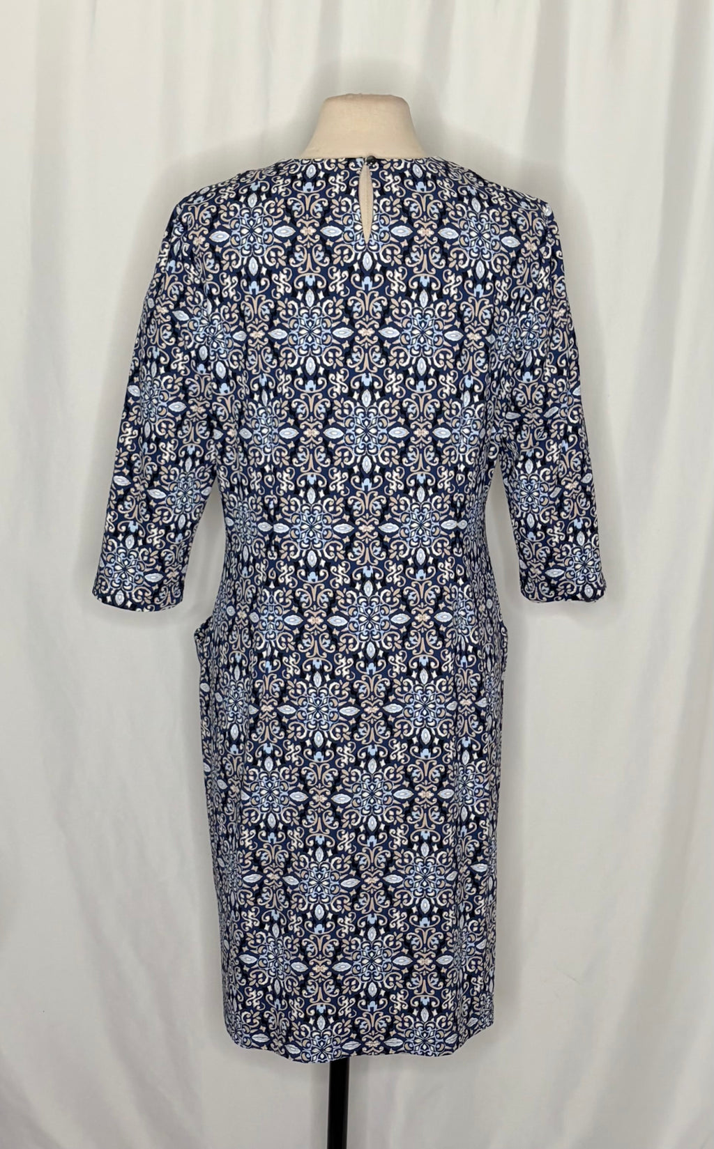 J. MCLAUGHLIN Catalyst Dress Blue White Mosaic Print Stretch Knit Pockets XL