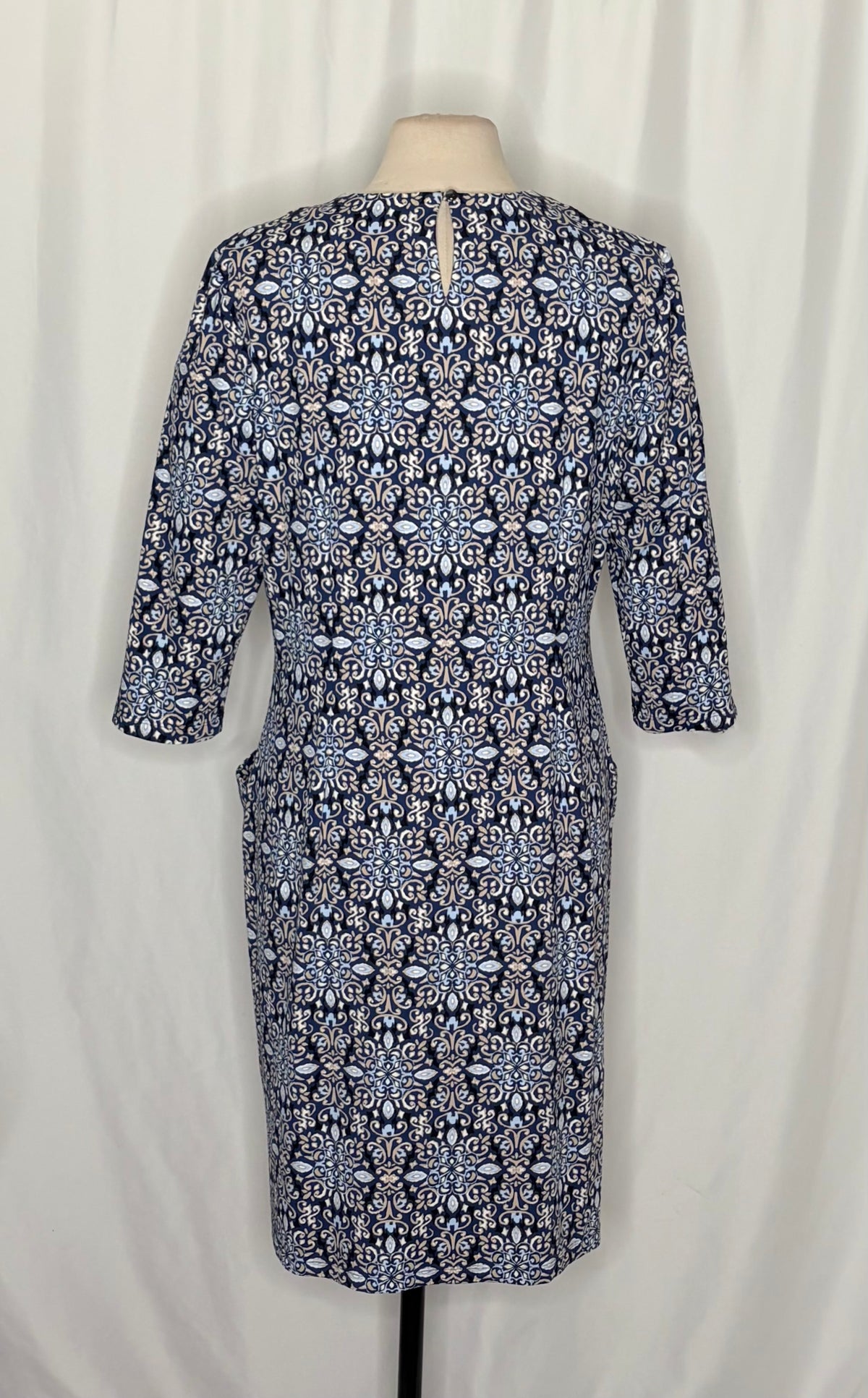 J. MCLAUGHLIN Catalyst Dress Blue White Mosaic Print Stretch Knit Pockets XL
