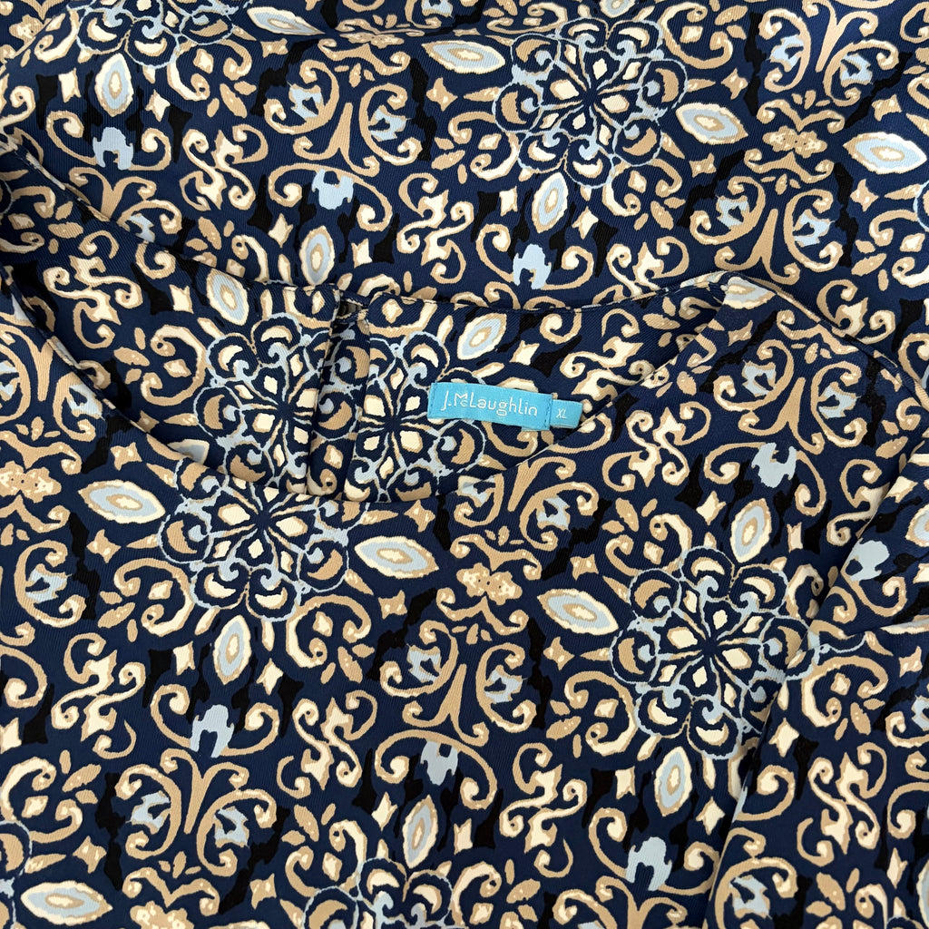 J. MCLAUGHLIN Catalyst Dress Blue White Mosaic Print Stretch Knit Pockets XL