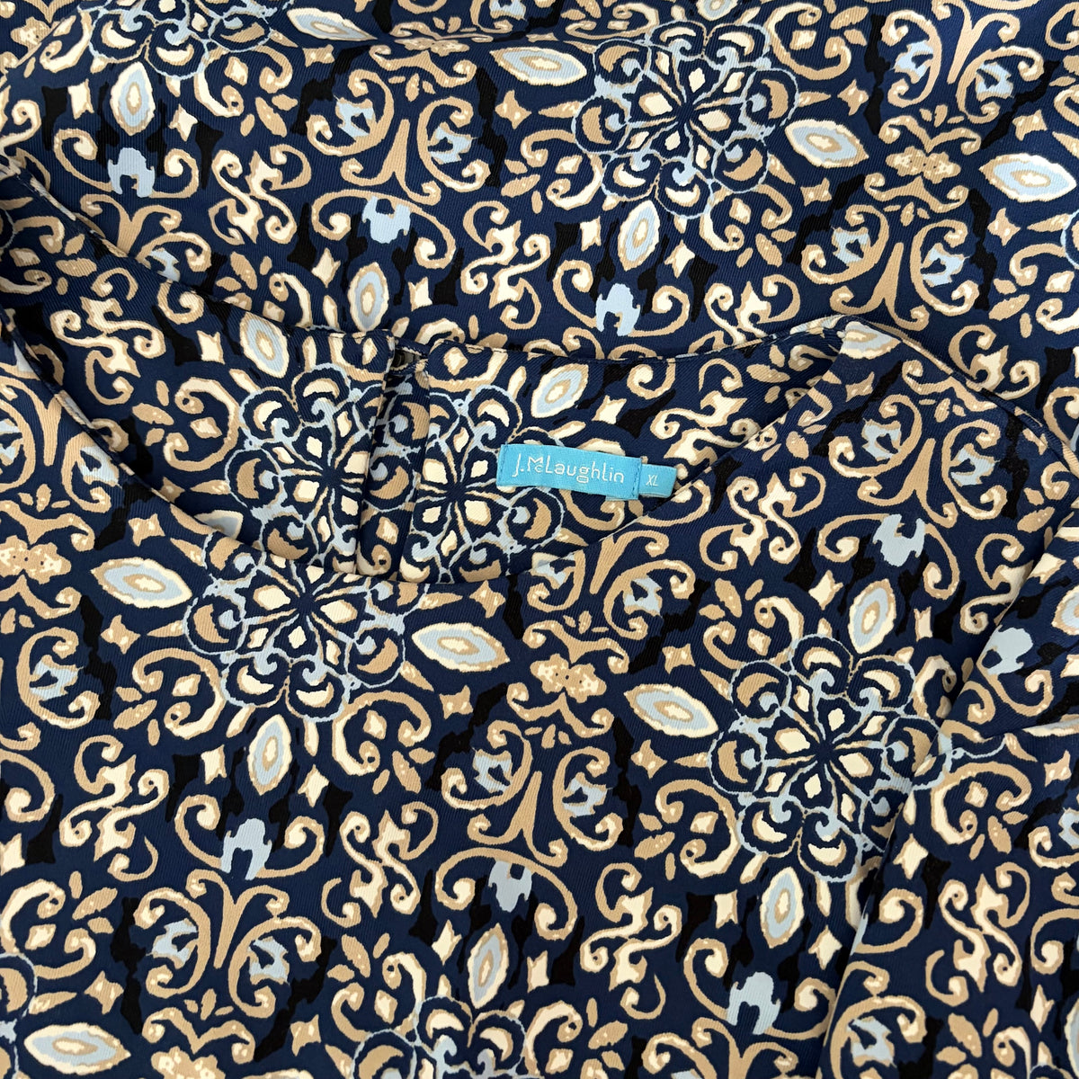 J. MCLAUGHLIN Catalyst Dress Blue White Mosaic Print Stretch Knit Pockets XL