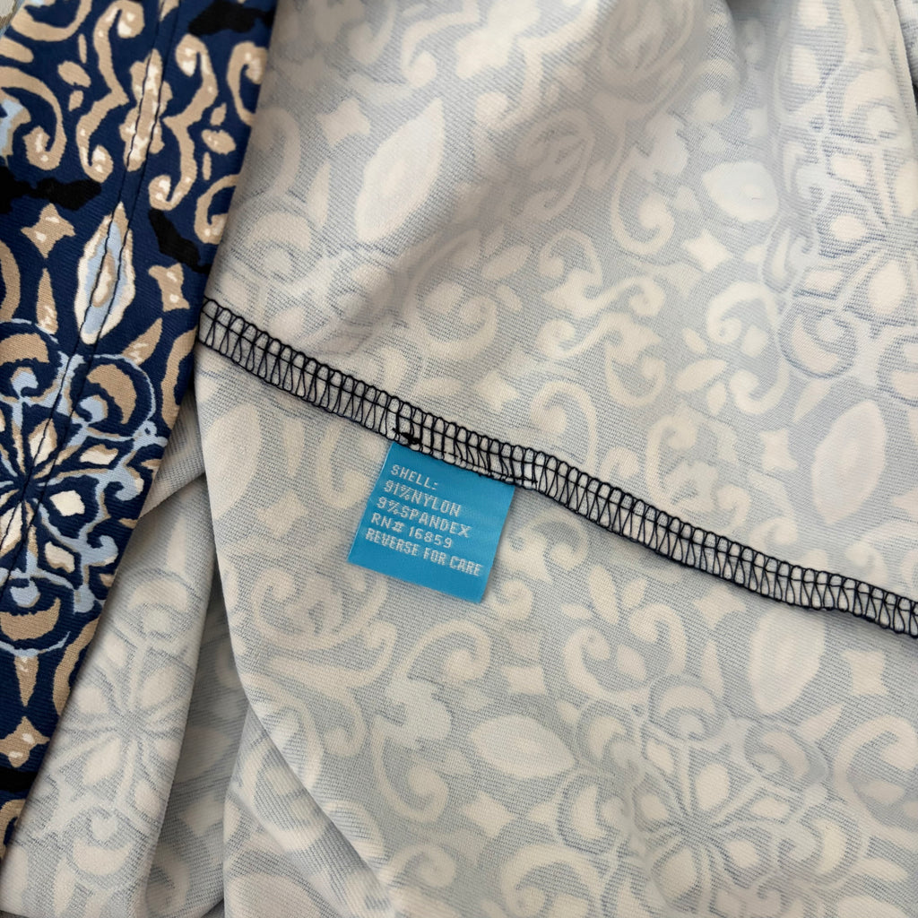 J. MCLAUGHLIN Catalyst Dress Blue White Mosaic Print Stretch Knit Pockets XL